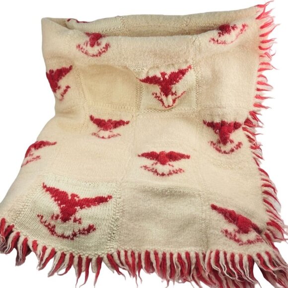 Vintage Wool Throw Blanket Red Patriotic Eagles Fringed 44 x 38  RARE u - Picture 6 of 8